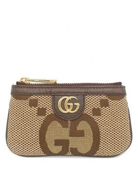 Gucci Coin Purse Jumbo GG Canvas Leather Brown Gold Key Case with Chain